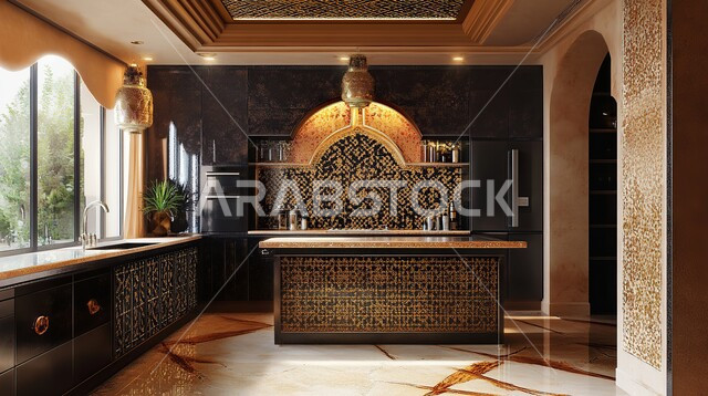 التصميم العصري للمطابخ الفاخرة في المملكة العربية السعودية، ديكور داخلي راقي لمطبخ أنيق، الفن الهندسي المعماري للفلل والشقق السكنية، استخدام الرخام الفاخر لأثاث المطابخ، الأضواء والأنوار والأكسسوارات المنزلية
