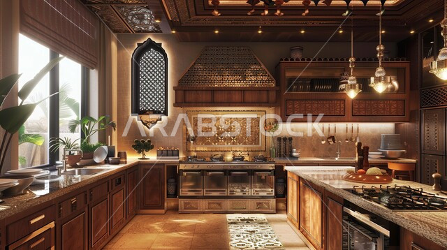 Modern design of luxury kitchens in Saudi Arabia, elegant interior design for a stylish kitchen, architectural engineering art for villas and residential apartments, use of luxury marble for kitchen furniture, lights and lights and home accessories