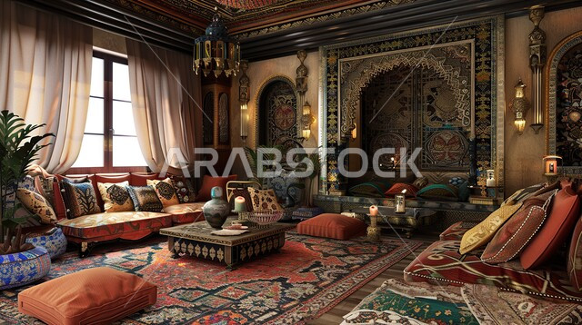 Interior designs for comfortable living rooms in modern style with elegant colors, a room with luxurious home furniture, interior decorations for villas and residential apartments in the Kingdom of Saudi Arabia, modern accessories and antiques, windows and glass facades