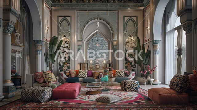 التصاميم الداخلية لغرف الجلوس المريحة على الطراز الحديث بألوان راقية ،غرفة مع أثاث منزلي فاخر ،الديكورات الداخلية للفلل والشقق السكنية في المملكة العربية السعودية ،اكسسوارات وتحف عصرية، النوافد والواجهات الزجاجية