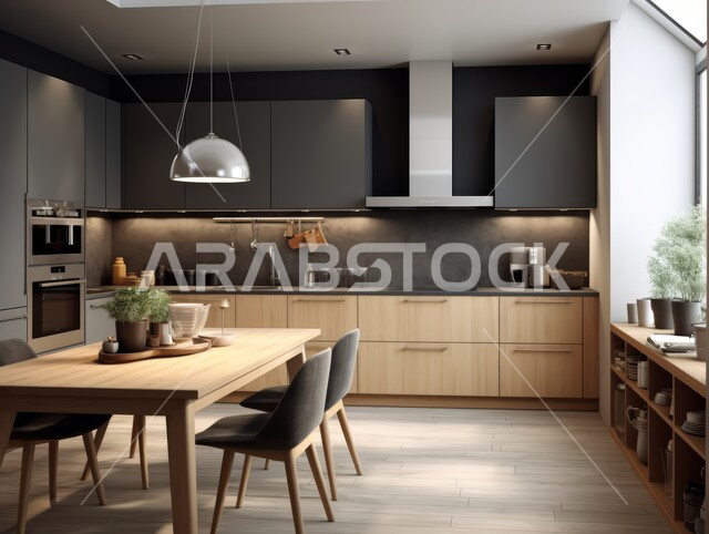 استخدام الطراز الفني الأنيق في الآثاث المنزلي، الديكورات العصرية للمطابخ العربية الفاخرة باللون الاسود، تصاميم داخلية متميزة للفلل والشقق السكنية في المملكة العربية السعودية