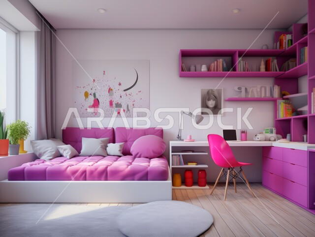 أثاث واكسسوارات منزلية داخلية أنيقة، غرفة نوم بتصاميم عصرية حديثة, التصميم الداخلي للمنازل والبيوت باللون الزهري، شقق وفلل سكنية فاخرة، فنادق ومنتجعات بديكورات راقية في المملكة العربية السعودية