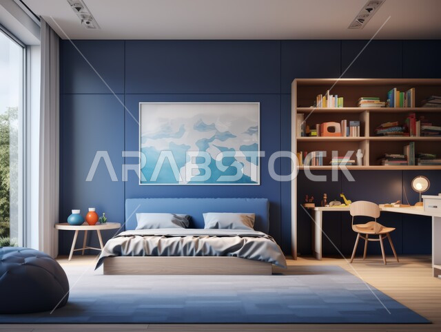 التصميم الداخلي للمنازل والبيوت باللون الازرق والابيض, أثاث واكسسوارات منزلية داخلية أنيقة، غرفة نوم بتصاميم عصرية حديثة, شقق وفلل سكنية فاخرة، فنادق ومنتجعات بديكورات راقية في المملكة العربية السعودية