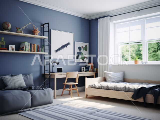 Interior design of homes and houses in blue and white, elegant interior furniture and accessories, bedroom with modern contemporary designs, luxury residential apartments and villas, hotels and resorts with elegant decor in the Kingdom of Saudi Arabia