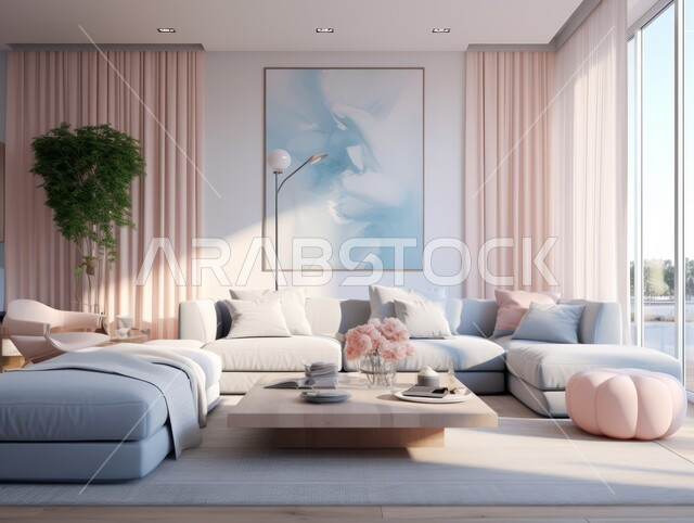 التحف والديكورات الداخليه الأنيقة، غرفة جلوس فاخرة, شقق وفلل سكنية في المملكة العربية السعودية، أثاث منزلي راقي ومريح باللون الازرق و الوردي, غرف معيشه بتصاميم عصرية حديثه