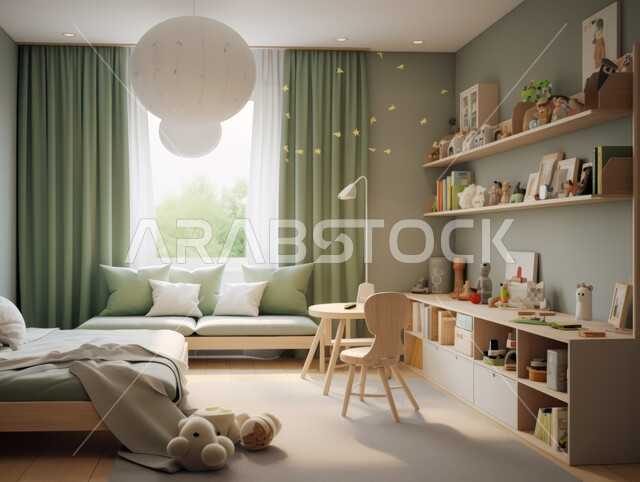 Bedroom with modern contemporary designs, elegant interior furniture and home accessories, interior design of homes and houses in green, luxury residential apartments and villas, hotels and resorts with elegant decor in the Kingdom of Saudi Arabia