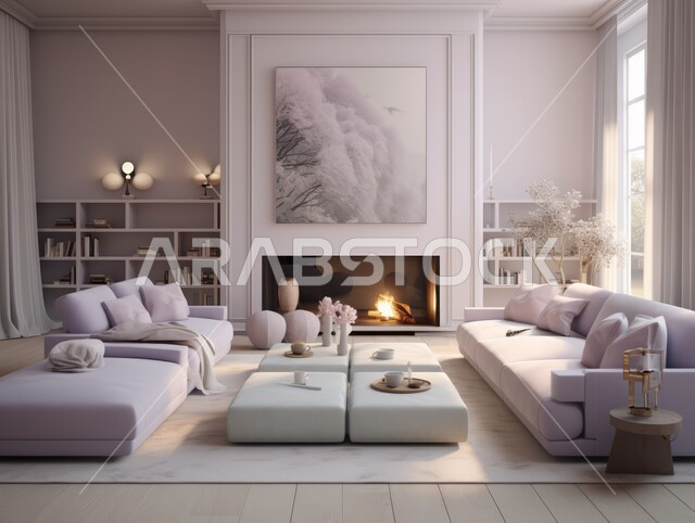 Antiques and elegant interior decorations, luxurious living room, residential apartments and villas in the Kingdom of Saudi Arabia, elegant and comfortable home furniture in white, living rooms with modern contemporary designs.