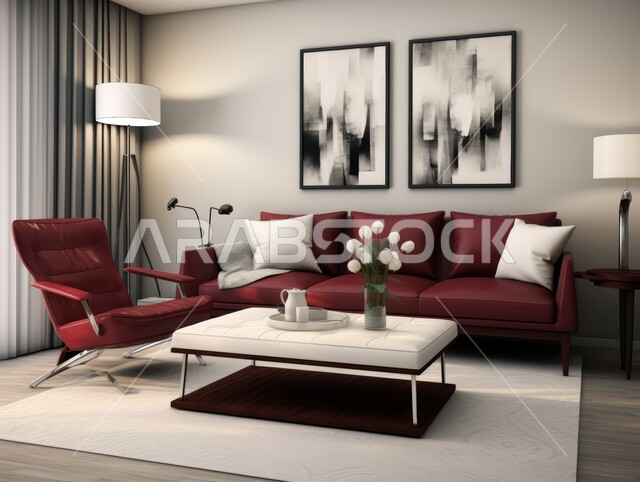غرف معيشه بتصاميم عصرية حديثه, التحف والديكورات الداخليه الأنيقة، غرفة جلوس فاخرة, شقق وفلل سكنية في المملكة العربية السعودية، أثاث منزلي راقي ومريح باللون الأحمر والأبيض