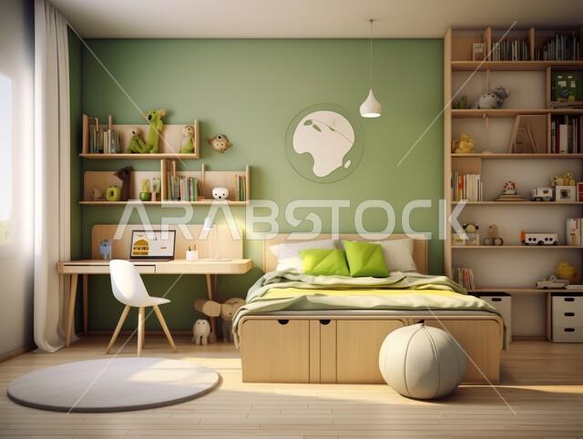 غرفة نوم بتصاميم عصرية حديثة, أثاث واكسسوارات منزلية داخلية أنيقة، التصميم الداخلي للمنازل والبيوت باللون الاخضر، شقق وفلل سكنية فاخرة، فنادق ومنتجعات بديكورات راقية في المملكة العربية السعودية