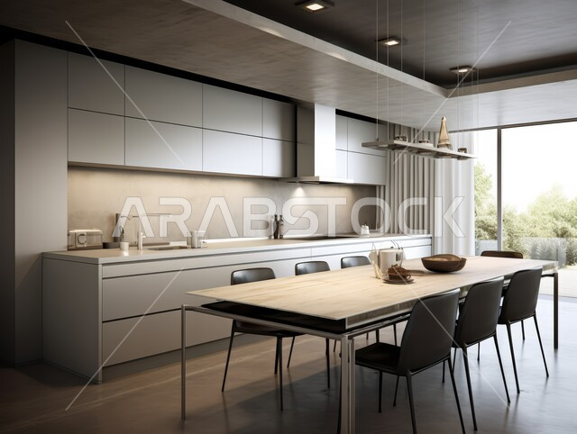 استخدام الطراز الفني الأنيق في الآثاث المنزلي، الديكورات العصرية للمطابخ العربية الفاخرة باللون الرمادي، تصاميم داخلية متميزة للفلل والشقق السكنية في المملكة العربية السعودية