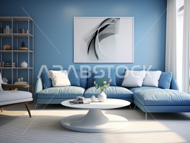 غرف معيشه بتصاميم عصرية حديثه, التحف والديكورات الداخليه الأنيقة، غرفة جلوس فاخرة, شقق وفلل سكنية في المملكة العربية السعودية، أثاث منزلي راقي ومريح باللون الأزرق والأبيض 