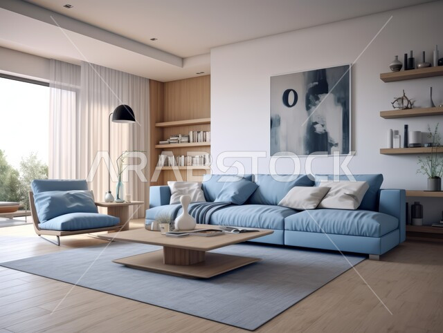 غرف معيشه بتصاميم عصرية حديثه, التحف والديكورات الداخليه الأنيقة، غرفة جلوس فاخرة, شقق وفلل سكنية في المملكة العربية السعودية، أثاث منزلي راقي ومريح باللون الأزرق والأبيض 