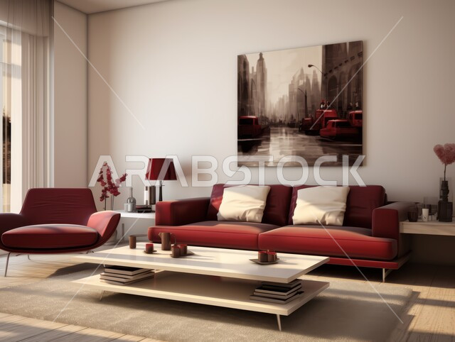Modern living room designs, elegant antiques and interior decorations, luxury living room, residential apartments and villas in Saudi Arabia, elegant and comfortable home furniture in red and white