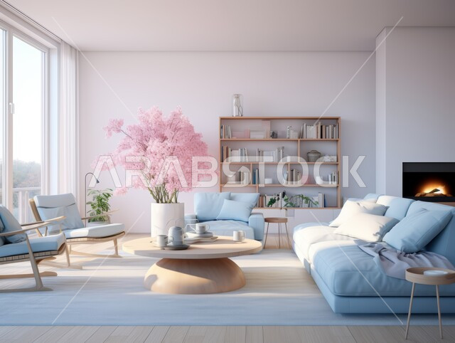 غرف معيشه بتصاميم عصرية حديثه, التحف والديكورات الداخليه الأنيقة، غرفة جلوس فاخرة, شقق وفلل سكنية في المملكة العربية السعودية، أثاث منزلي راقي ومريح باللون الأزرق والأبيض 