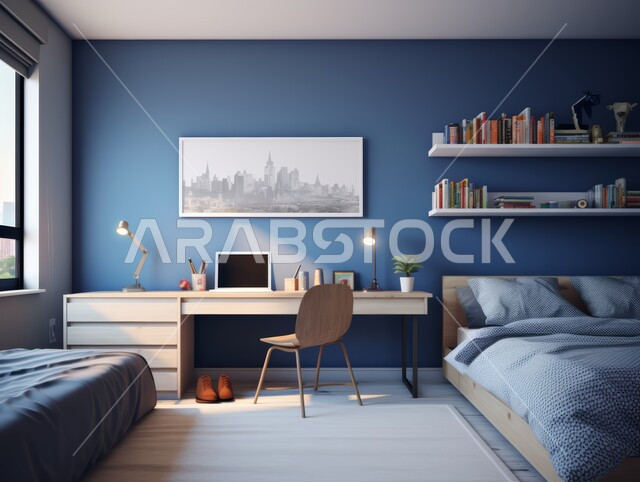 التصميم الداخلي للمنازل والبيوت باللون الابيض والازرق، أثاث واكسسوارات منزلية داخلية أنيقة، غرفة نوم بتصاميم عصرية حديثة, شقق وفلل سكنية فاخرة، فنادق ومنتجعات بديكورات راقية في المملكة العربية السعودية