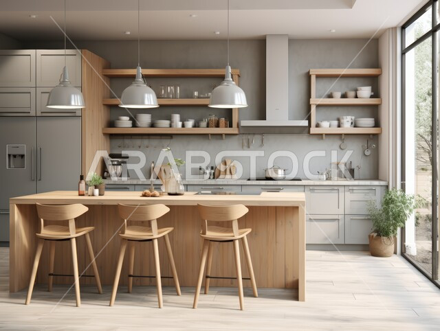 استخدام الطراز الفني الأنيق في الآثاث المنزلي، الديكورات العصرية للمطابخ العربية الفاخرة باللون الرمادي والبيج, التصاميم داخلية متميزة للفلل والشقق السكنية في المملكة العربية السعودية