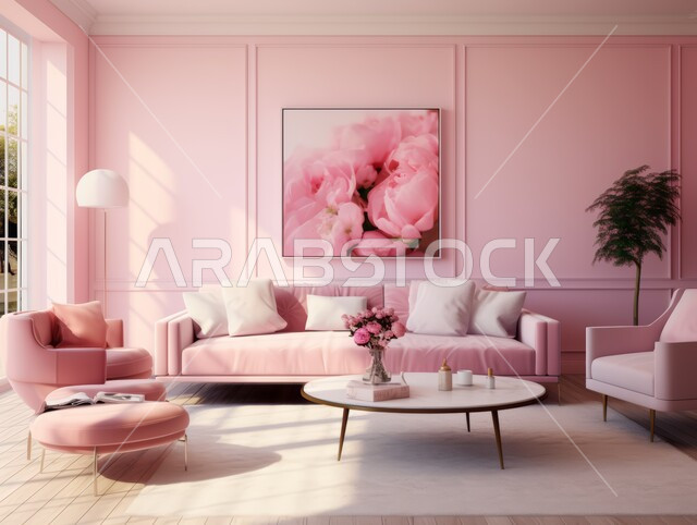 شقق وفلل سكنية في المملكة العربية السعودية، أثاث منزلي راقي ومريح باللون الزهري, غرف معيشه بتصاميم عصرية حديثه, التحف والديكورات الداخليه الأنيقة، غرفة جلوس فاخرة