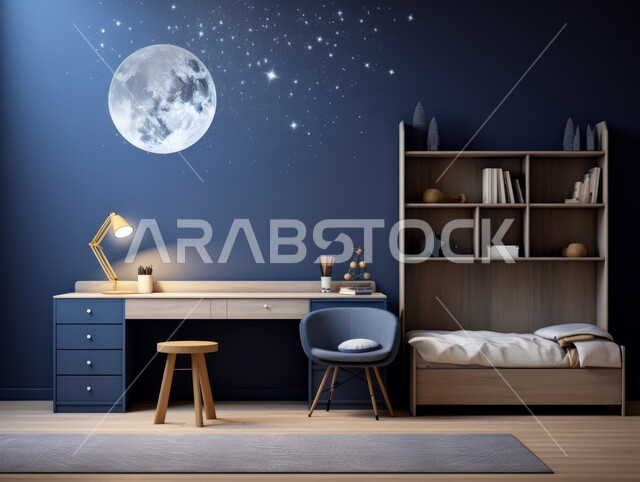 Interior design of homes and houses in blue and white, elegant interior furniture and home accessories, bedroom with modern contemporary designs, luxury residential apartments and villas, hotels and resorts with high-end decorations in the Kingdom of Saudi Arabia