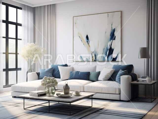 Residential apartments and villas in Saudi Arabia, elegant and comfortable home furniture in blue and white, living rooms with modern contemporary designs, antiques and elegant interior decorations, luxurious living room