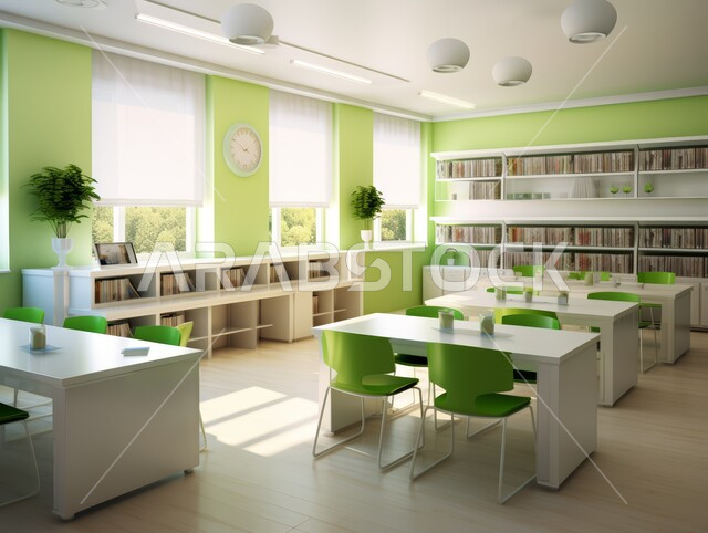Cultural places and study halls in the Kingdom of Saudi Arabia, office furniture in green and white, a study room with modern interiors, a modern and sophisticated design, wooden tables surrounded by colorful chairs