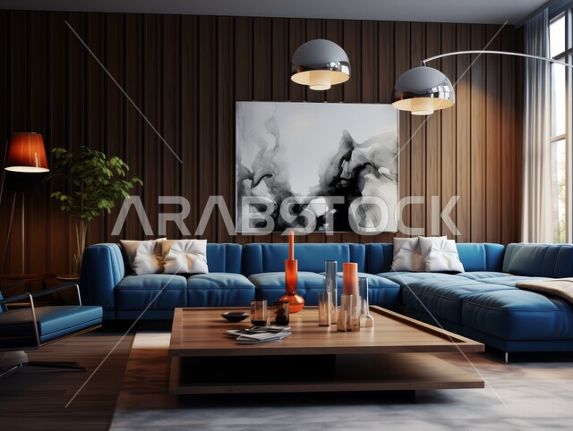 التصاميم الراقية لغرفة الجلوس على الطراز الحديث ،الواجهات والنوافذ الزجاجية ،غرفة معيشة مع أثاث منزلي فاخر باللون الكحلي ،ديكور داخلي للفلل والشقق السكنية في المملكة العربية السعودية ،اكسسوارات وتحف عصرية