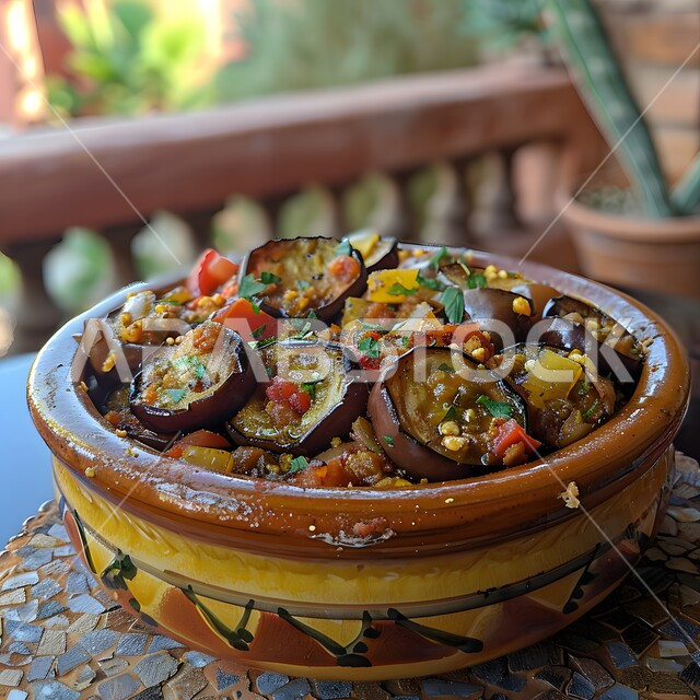 مفهوم الولائم والعزائم، أطباق من المأكولات العربية التقليدية الشعبية، فنون التقديم في مطاعم ومطابخ المملكة العربية السعودية، وصفات طعام شهية صحية لذيذة، صورة مقربة لطبق من الباذنجان المشوي مع الأعشاب