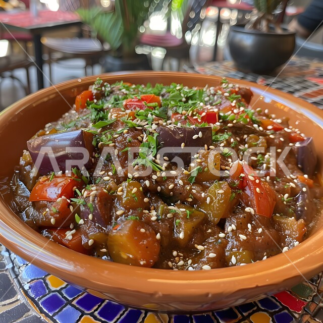 فنون التقديم في مطاعم ومطابخ المملكة العربية السعودية، وصفات طعام شهية صحية لذيذة، مفهوم الولائم والعزائم، أطباق من المأكولات العربية التقليدية الشعبية، صورة مقربة لطبق من الخضار المطهية مع بذور السمسم