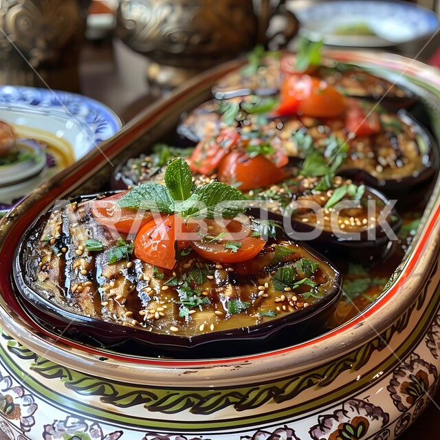 فنون التقديم في مطاعم ومطابخ المملكة العربية السعودية، وصفات طعام شهية صحية لذيذة، مفهوم الولائم والعزائم، أطباق من المأكولات العربية التقليدية الشعبية، صورة مقربة لطبق من الباذنجان والطماطم