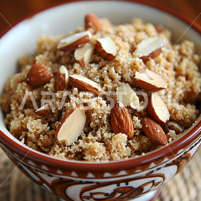 Presentation arts in restaurants and kitchens of the Kingdom of Saudi Arabia, delicious healthy food recipes, the concept of banquets and feasts, dishes of traditional popular Arab cuisine, a close-up of a plate of semolina pudding with almonds