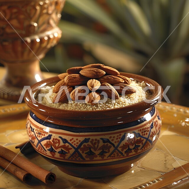 Presentation arts in restaurants and kitchens of the Kingdom of Saudi Arabia, delicious healthy food recipes, the concept of banquets and feasts, dishes of traditional popular Arab cuisine, a close-up of a plate of semolina pudding with almonds