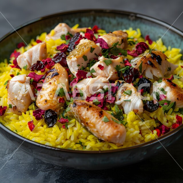 فنون التقديم في مطاعم ومطابخ المملكة العربية السعودية، أطباق من المأكولات العربية التقليدية الشعبية، وصفات طعام شهية صحية لذيذة، صورة مقربة لطبق من السمك المشوي مع الأرز