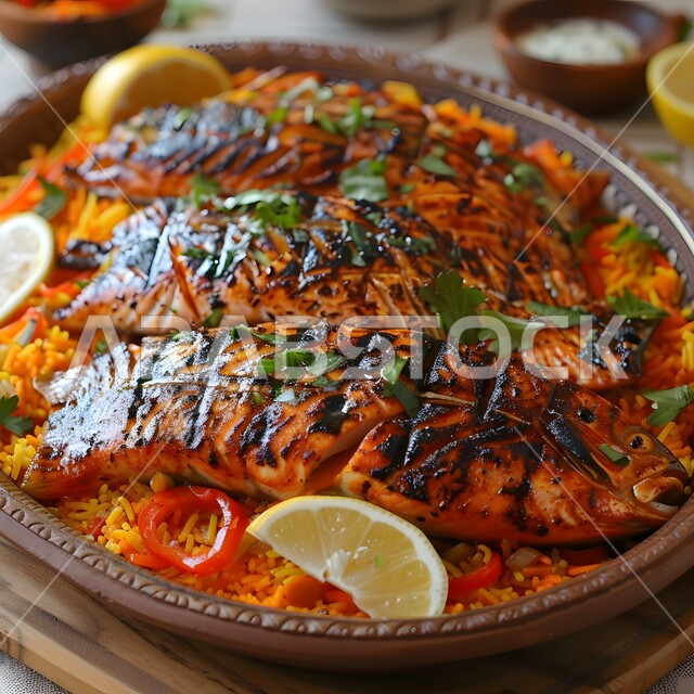 فنون التقديم في مطاعم ومطابخ المملكة العربية السعودية، أطباق من المأكولات العربية التقليدية الشعبية، وصفات طعام شهية صحية لذيذة، صورة مقربة لطبق من السمك المشوي مع الأرز