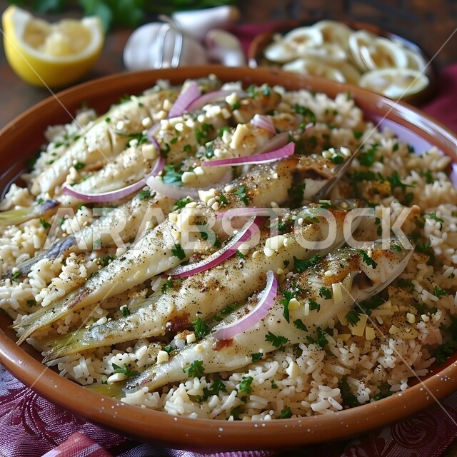 The concept of banquets and invitations, the art of presentation in restaurants and kitchens in the Kingdom of Saudi Arabia, dishes of traditional popular Arab cuisine, delicious healthy food recipes, a close-up of a plate of grilled fish with rice, parsley and onions