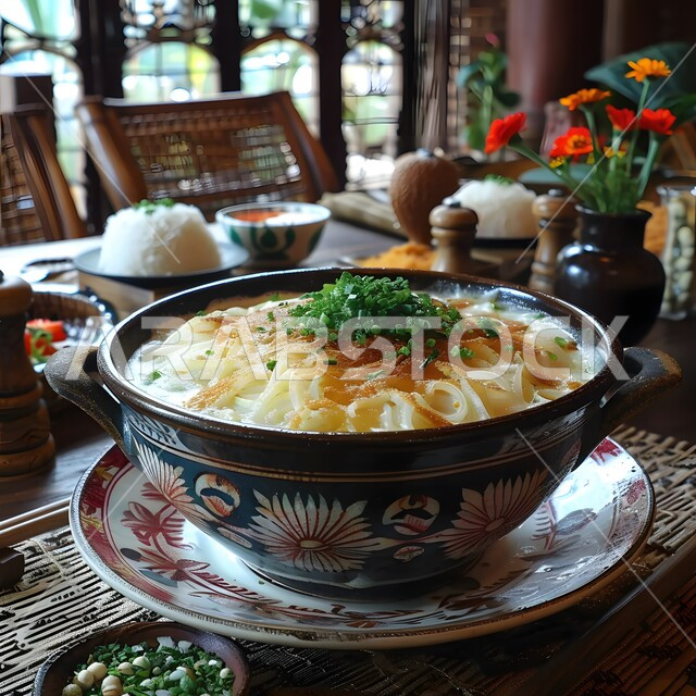 صحن خزفي مزخرف، وصفات طعام شهية صحية لذيذة، أطباق من المأكولات العربية التقليدية الشعبية، فنون التقديم في مطاعم ومطابخ المملكة العربية السعودية، صورة مقربة لطبق من المعكرونة الكريمي مع البصل الأخضر