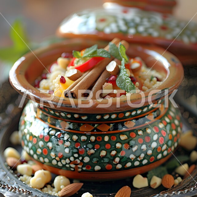 فنون التقديم في مطاعم ومطابخ المملكة العربية السعودية، أطباق من المأكولات العربية التقليدية الشعبية، مفهوم الولائم والعزائم، وصفات طعام شهية صحية لذيذة، صورة مقربة لطبق من الكسكس بالقرفة والنعناع