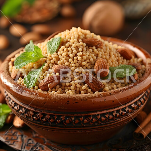 Dishes of traditional Arab popular cuisine, the concept of feasts and banquets, delicious healthy food recipes, the art of presentation in restaurants and kitchens of the Kingdom of Saudi Arabia, a close-up of a plate of couscous with roasted almonds