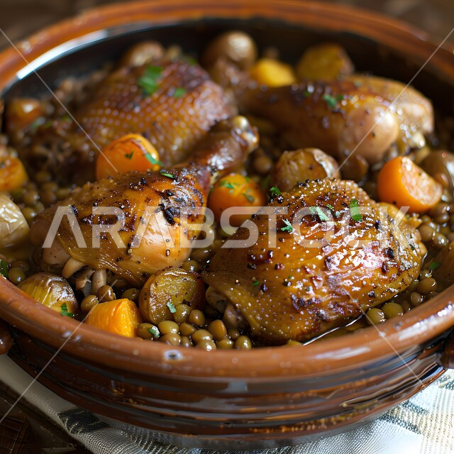 Presentation arts in restaurants and kitchens of the Kingdom of Saudi Arabia, dishes of traditional popular Arab cuisine, the concept of banquets and feasts, delicious healthy food recipes, a close-up of a plate of chicken and lentil soup