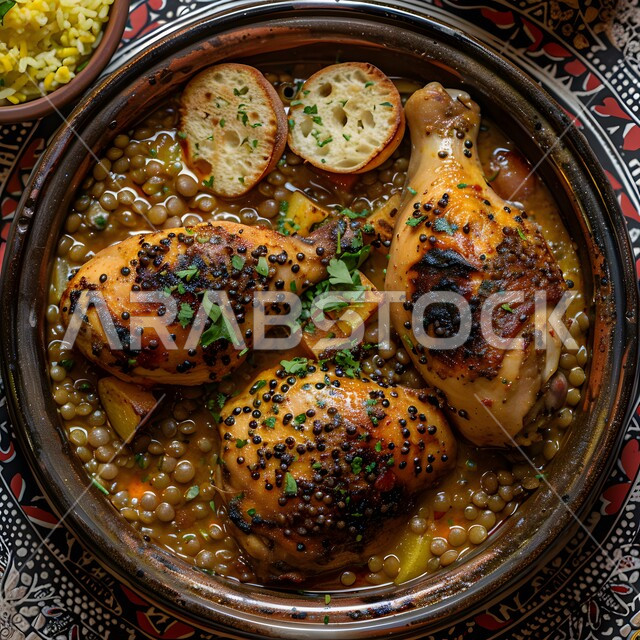 مفهوم الولائم والعزائم، وصفات طعام شهية صحية لذيذة، فنون التقديم في مطاعم ومطابخ المملكة العربية السعودية، أطباق من المأكولات العربية التقليدية الشعبية، صورة مقربة لطبق من حساء الدجاج والعدس مع الخبز المحمص