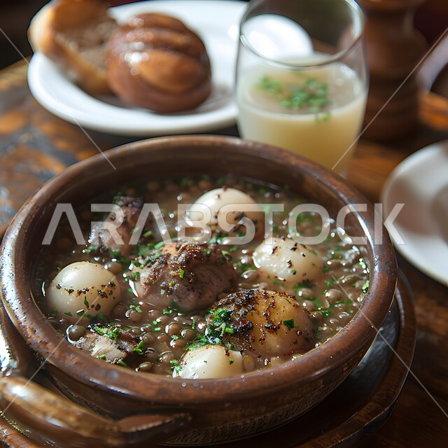 فنون التقديم في مطاعم ومطابخ المملكة العربية السعودية، أطباق من المأكولات العربية التقليدية الشعبية، مفهوم الولائم والعزائم، وصفات طعام شهية صحية لذيذة، صورة مقربة لطبق من شوربة العدس بالبصل واللحم