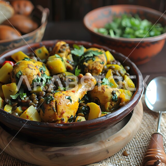 فنون التقديم في مطاعم ومطابخ المملكة العربية السعودية، أطباق من المأكولات العربية التقليدية الشعبية، مفهوم الولائم والعزائم، وصفات طعام شهية صحية لذيذة، صورة مقربة لطبق من يخنة الدجاج والعدس مع البقدونس