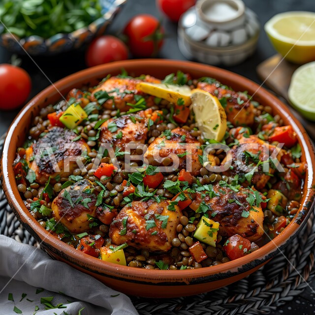 مفهوم الولائم والعزائم، وصفات طعام شهية صحية لذيذة، أطباق من المأكولات العربية التقليدية الشعبية، فنون التقديم في مطاعم ومطابخ المملكة العربية السعودية، صورة مقربة لطبق من حساء العدس والدجاج بالليمون والبقدونس