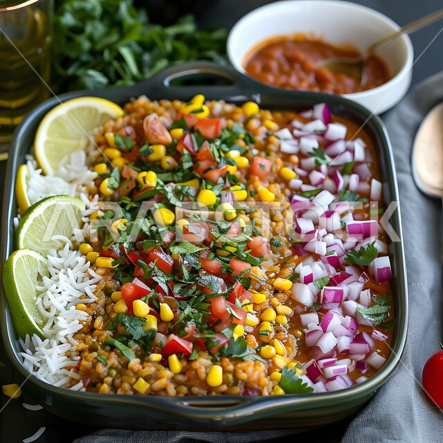 The concept of banquets and invitations, the art of presentation in restaurants and kitchens in the Kingdom of Saudi Arabia, dishes of traditional popular Arab cuisine, delicious healthy food recipes, a close-up of a plate of rice and lentil salad with vegetables