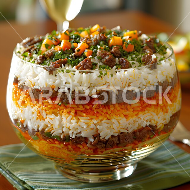 فنون التقديم في مطاعم ومطابخ المملكة العربية السعودية، أطباق من المأكولات العربية التقليدية الشعبية، مفهوم الولائم والعزائم، وصفات طعام شهية صحية لذيذة، صورة مقربة لطبق من سلطة الأرز متعددة الطبقات مع اللحم والجزر