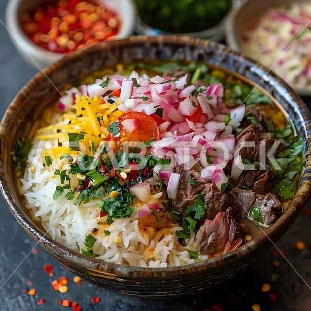 Dishes of traditional popular Arab cuisine, the concept of feasts and invitations, delicious healthy food recipes, the art of presentation in restaurants and kitchens in the Kingdom of Saudi Arabia, a close-up image of a plate of rice decorated with meat and vegetables