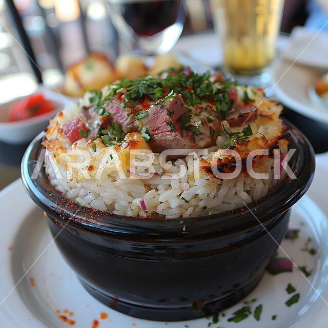 فنون التقديم في مطاعم ومطابخ المملكة العربية السعودية، أطباق من المأكولات العربية التقليدية الشعبية، مفهوم الولائم والعزائم، وصفات طعام شهية صحية لذيذة، صورة مقربة لطبق من الارز مع اللحم