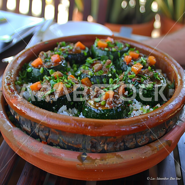 فنون التقديم في مطاعم ومطابخ المملكة العربية السعودية، أطباق من المأكولات العربية التقليدية الشعبية، مفهوم الولائم والعزائم، وصفات طعام شهية صحية لذيذة، صورة مقربة لطبق من الكوسا محشوة بالارز واللحم المفروم