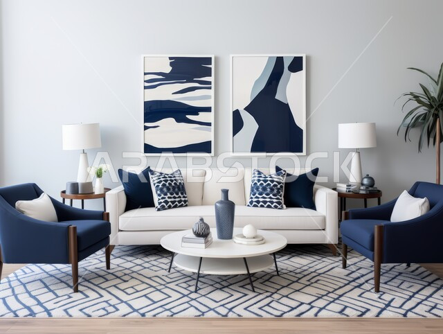 High-end designs for a modern living room, glass facades and windows, a living room with luxurious home furniture in navy blue and white, interior decoration for villas and residential apartments in the Kingdom of Saudi Arabia, modern accessories and antiques