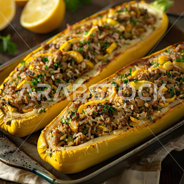 وجبة ذات قيمة غذائية، مفهوم الولائم والعزائم، وصفات طعام شهية صحية لذيذة، فنون التقديم في مطاعم ومطابخ المملكة العربية السعودية، أطباق من المأكولات العربية التقليدية الشعبية، صورة مقربة لطبق من الكوسا محشوة باللحم المفروم