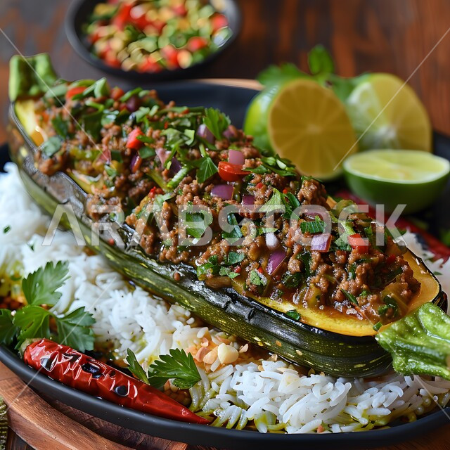 وجبة ذات قيمة غذائية، مفهوم الولائم والعزائم، وصفات طعام شهية صحية لذيذة، فنون التقديم في مطاعم ومطابخ المملكة العربية السعودية، أطباق من المأكولات العربية التقليدية الشعبية، صورة مقربة لطبق من الكوسا محشوة باللحم المفروم