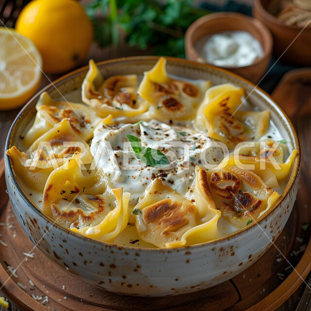 The concept of banquets and invitations, the art of presentation in restaurants and kitchens in the Kingdom of Saudi Arabia, dishes of traditional popular Arab cuisine, delicious healthy food recipes, a close-up of a plate of ravioli with cream sauce and herbs